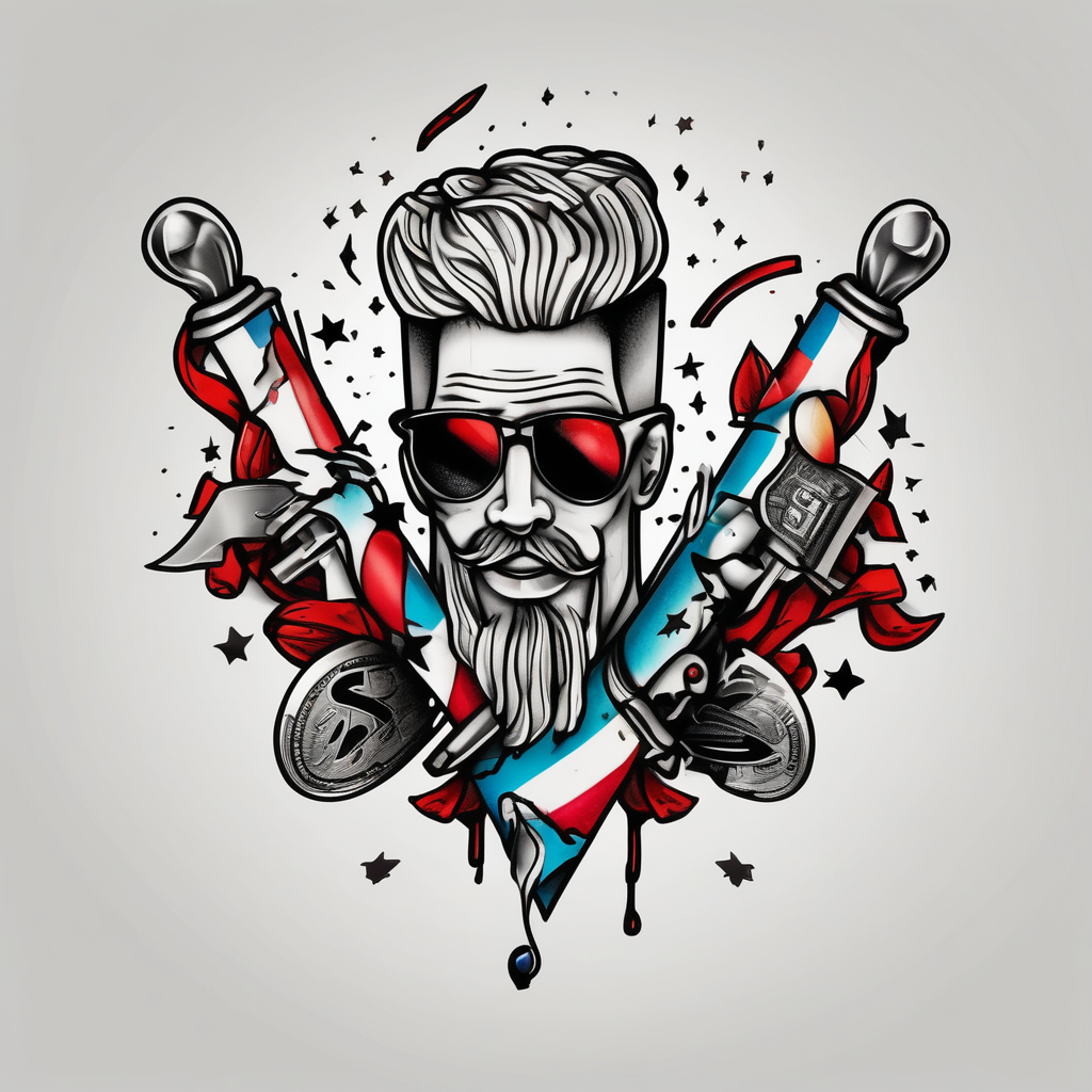 Barber Pole with scissors raining money THIS IS MY LIFE (2022) money bag, design de tatouage Old school généré par IA